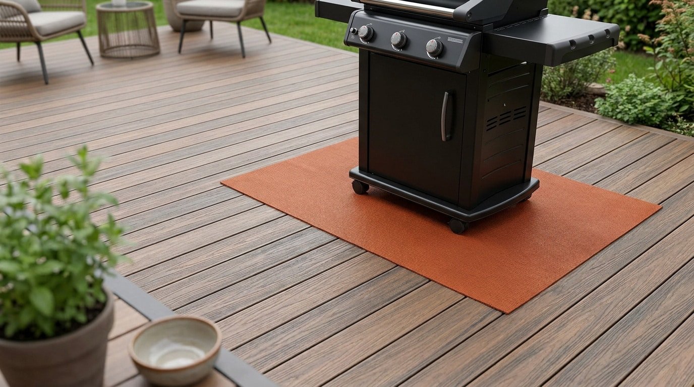 Barbecue noir posé sur un tapis de protection thermique orange sur une terrasse en composite.