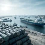 Rangées de barils de pétrole sur le rivage avec des pétroliers naviguant dans un canal en arrière-plan.