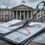Une paire de ciseaux coupant un rapport financier sur fond de Palais Bourbon, illustrant des coupes budgétaires.