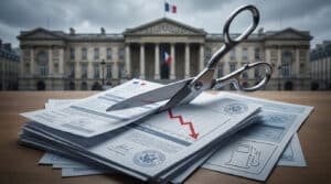 Une paire de ciseaux coupant un rapport financier sur fond de Palais Bourbon, illustrant des coupes budgétaires.