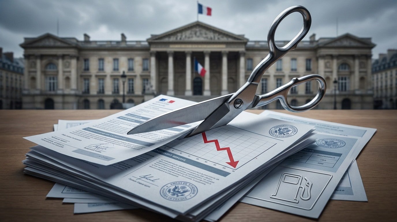 Une paire de ciseaux coupant un rapport financier sur fond de Palais Bourbon, illustrant des coupes budgétaires.