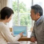Un couple de seniors consulte une tablette montrant un graphique financier à la table d'un salon lumineux.
