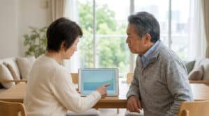 Un couple de seniors consulte une tablette montrant un graphique financier à la table d'un salon lumineux.