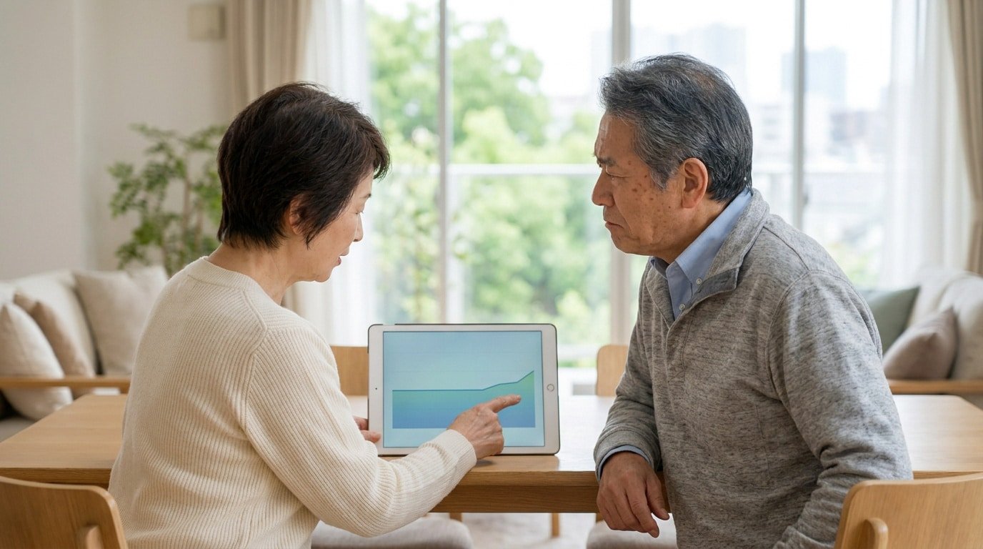 Un couple de seniors consulte une tablette montrant un graphique financier à la table d'un salon lumineux.