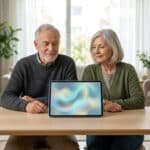 Un couple âgé assis à une table en bois regarde avec intérêt un écran de tablette affichant un fond d'écran abstrait.