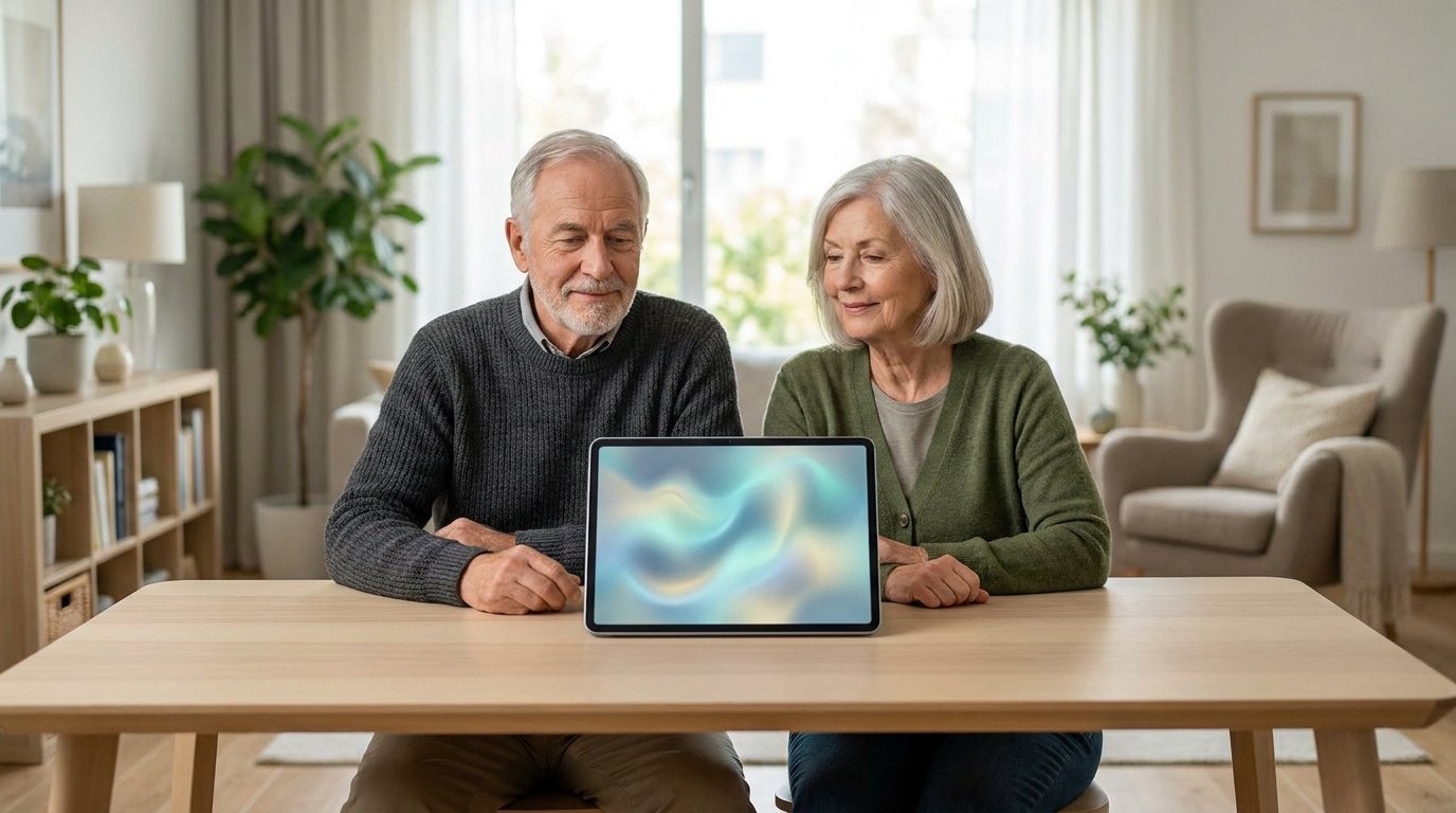 Un couple âgé assis à une table en bois regarde avec intérêt un écran de tablette affichant un fond d'écran abstrait.