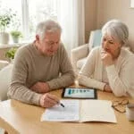 Un couple de personnes âgées est assis à une table en bois, examinant des documents et une tablette pour leur mutuelle.