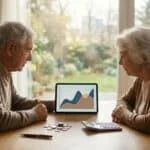Un couple âgé assis à une table devant une tablette affichant un graphique financier avec des pièces et une calculatrice.