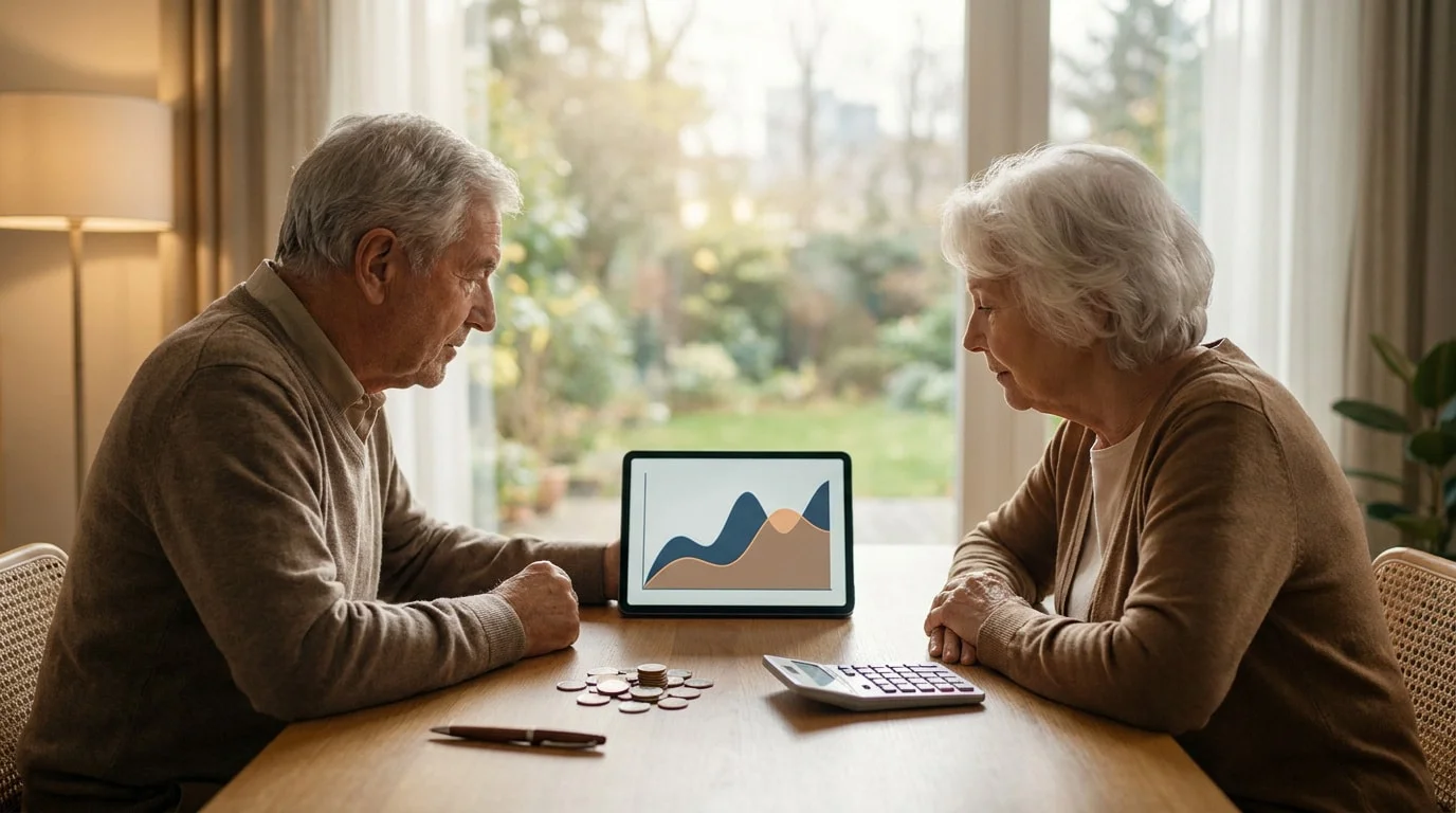 Un couple âgé assis à une table devant une tablette affichant un graphique financier avec des pièces et une calculatrice.