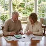 Un couple de retraités souriants examine des graphiques financiers sur une tablette et des documents papier.