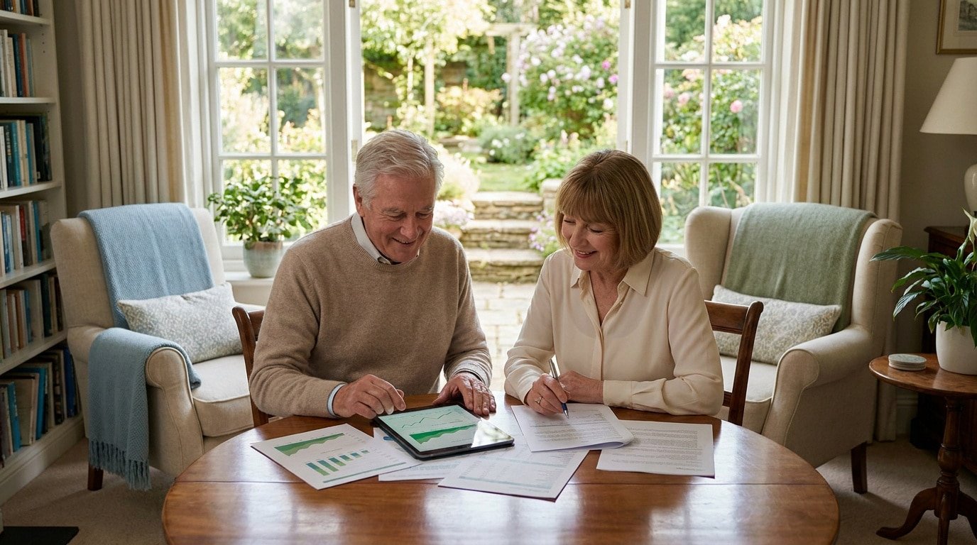 Un couple de retraités souriants examine des graphiques financiers sur une tablette et des documents papier.