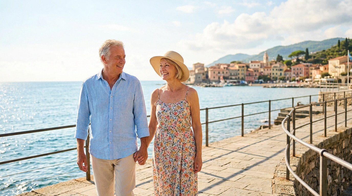Un couple de seniors souriants se promène main dans la main sur une jetée ensoleillée près d'un village méditerranéen.