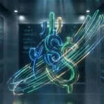 Un symbole dollar numérique en néon brillant flottant dans un centre de données technologique.