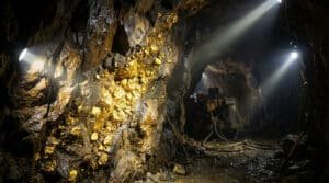 Une paroi rocheuse dans une mine sombre éclairée par des projecteurs, révélant des veines d'or brillantes incrustées.