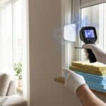 Un technicien utilise une caméra thermique et une cigarette pour visualiser les fuites d'air au niveau d'un volet roulant.