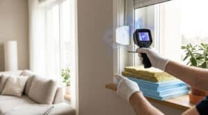 Un technicien utilise une caméra thermique et une cigarette pour visualiser les fuites d'air au niveau d'un volet roulant.