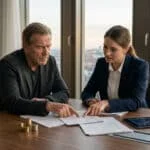Un homme d'âge mûr et une avocate discutent de documents financiers lors d'un rendez-vous dans un bureau moderne.