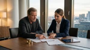 Un homme d'âge mûr et une avocate discutent de documents financiers lors d'un rendez-vous dans un bureau moderne.