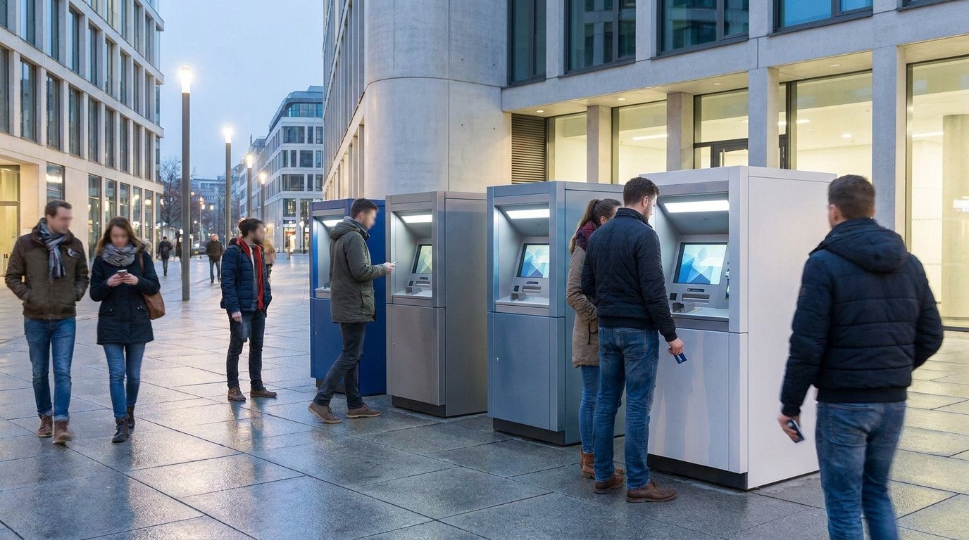 Des personnes utilisent des distributeurs de billets alignés sur une place urbaine moderne.