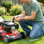 Un homme agenouillé dans son jardin vérifie le moteur de sa tondeuse à gazon rouge en plein entretien.