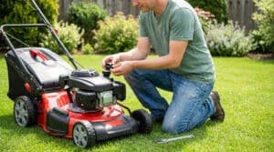 Un homme agenouillé dans son jardin vérifie le moteur de sa tondeuse à gazon rouge en plein entretien.