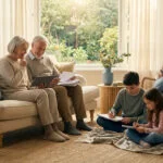 Un couple de seniors consulte des documents de retraite sur un canapé entouré de leurs enfants et petits-enfants.