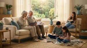 Un couple de seniors consulte des documents de retraite sur un canapé entouré de leurs enfants et petits-enfants.
