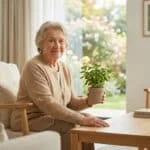 Une femme âgée souriante assise dans un salon lumineux, tenant une petite plante en pot dans ses mains.