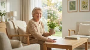 Une femme âgée souriante assise dans un salon lumineux, tenant une petite plante en pot dans ses mains.
