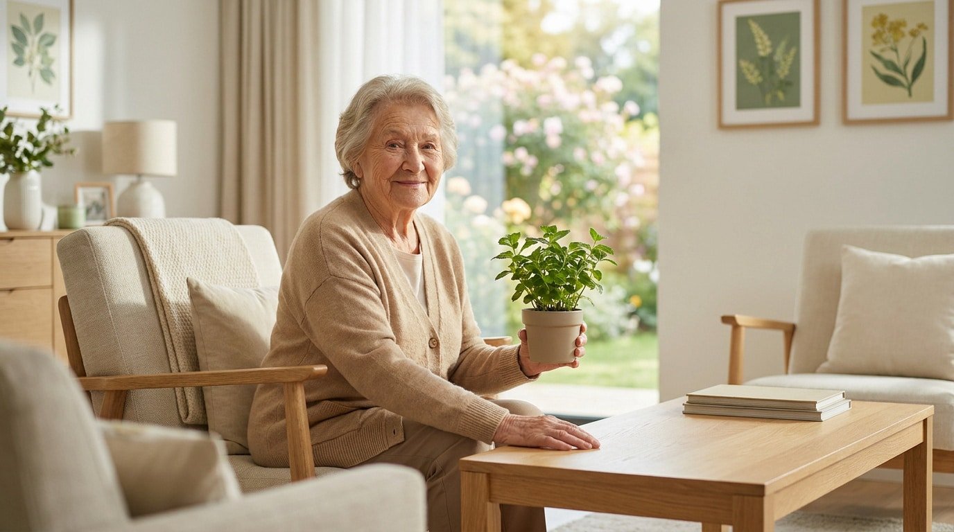 Une femme âgée souriante assise dans un salon lumineux, tenant une petite plante en pot dans ses mains.