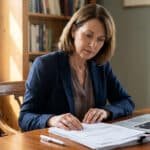 Femme d'affaires examinant des documents administratifs complexes sur son bureau devant un ordinateur portable.
