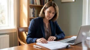Femme d'affaires examinant des documents administratifs complexes sur son bureau devant un ordinateur portable.