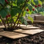 Un pied de framboisier dans un potager, paillé à sa base avec des morceaux de carton recyclé pour le jardin.