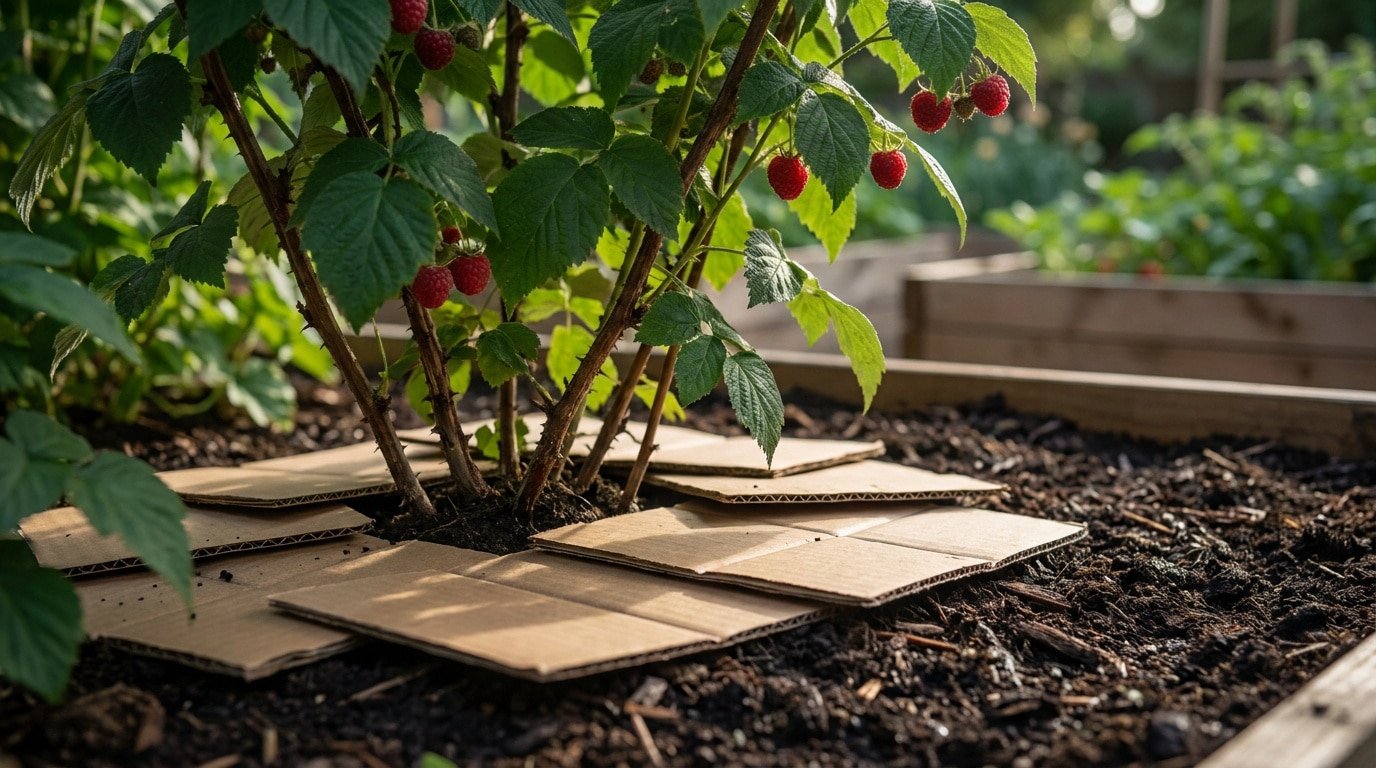 Un pied de framboisier dans un potager, paillé à sa base avec des morceaux de carton recyclé pour le jardin.