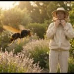 Un frelon asiatique vole au premier plan devant une personne en tenue d'apiculteur dans un jardin fleuri au soleil.
