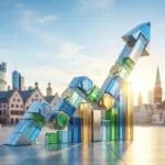 Un graphique financier en 3D symbolisant une croissance positive sur fond de paysage urbain allemand et de drapeaux.