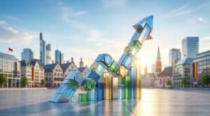 Un graphique financier en 3D symbolisant une croissance positive sur fond de paysage urbain allemand et de drapeaux.