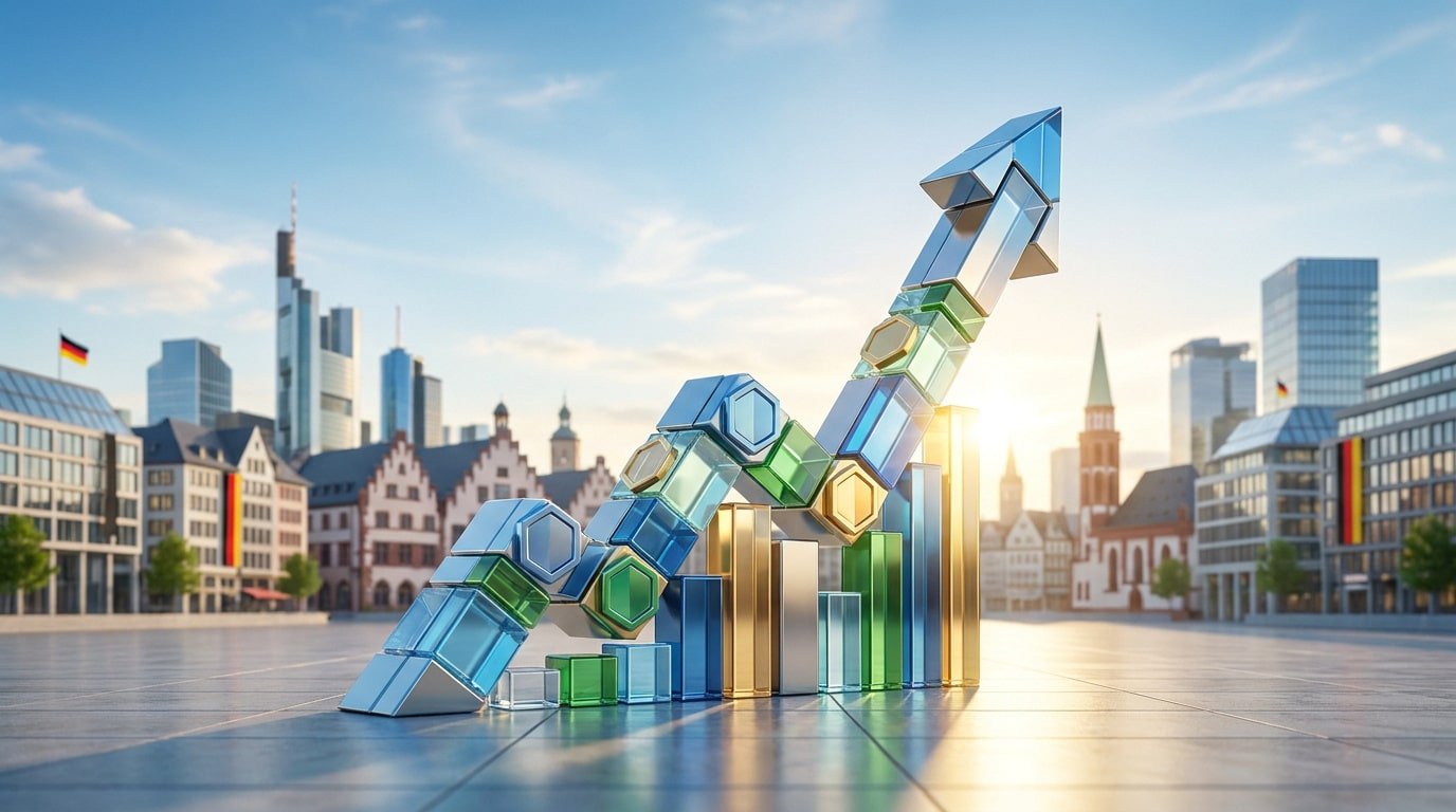 Un graphique financier en 3D symbolisant une croissance positive sur fond de paysage urbain allemand et de drapeaux.