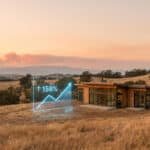 Une maison moderne dans un paysage sec avec un graphique holographique montrant une hausse de 158% d'ici 2050.
