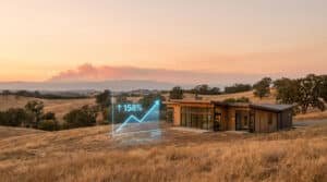 Une maison moderne dans un paysage sec avec un graphique holographique montrant une hausse de 158% d'ici 2050.