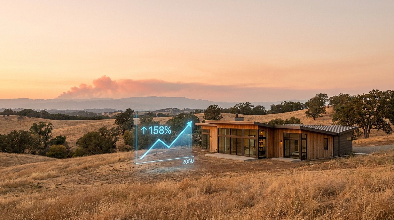 Une maison moderne dans un paysage sec avec un graphique holographique montrant une hausse de 158% d'ici 2050.