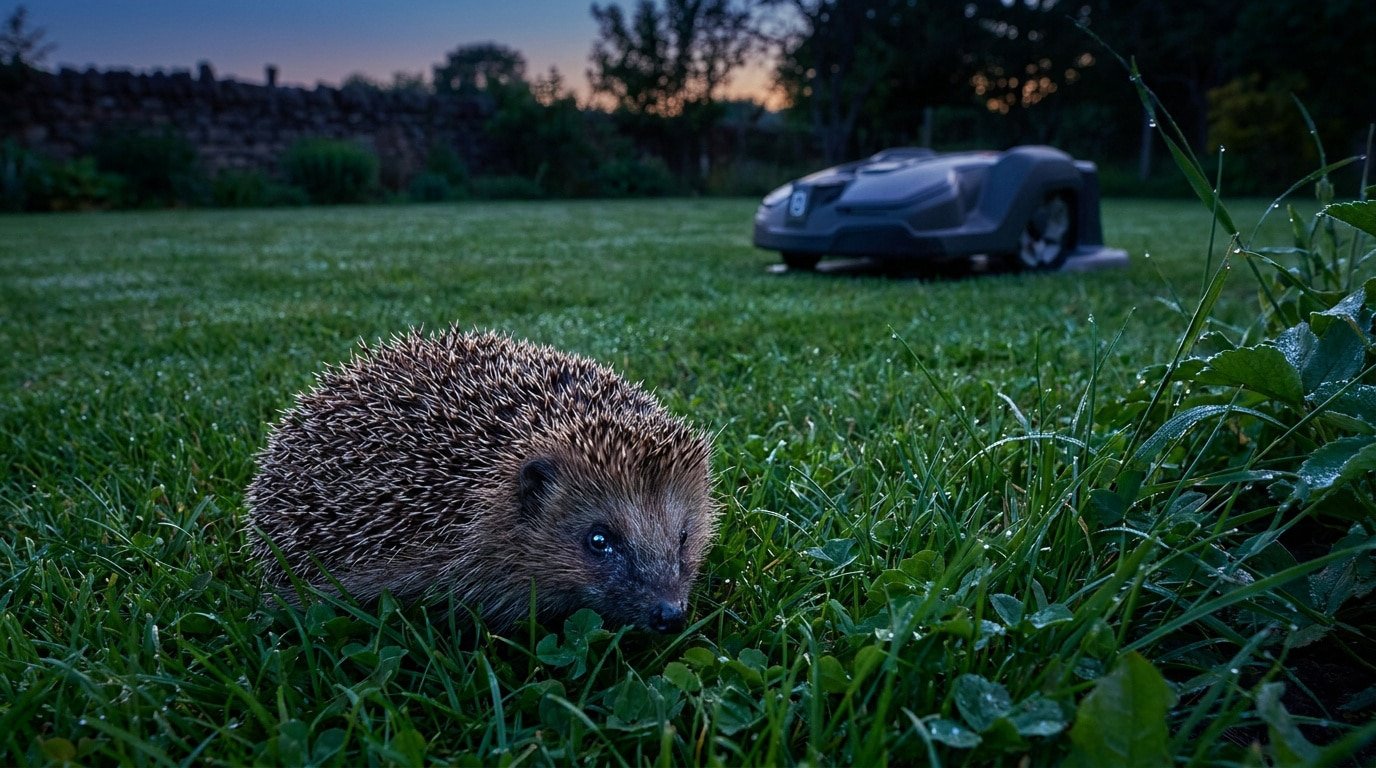 Un petit hérisson dans l'herbe au crépuscule avec un robot tondeuse en arrière-plan.