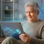 Un homme âgé utilise une tablette avec des icônes de sécurité numérique holographiques.