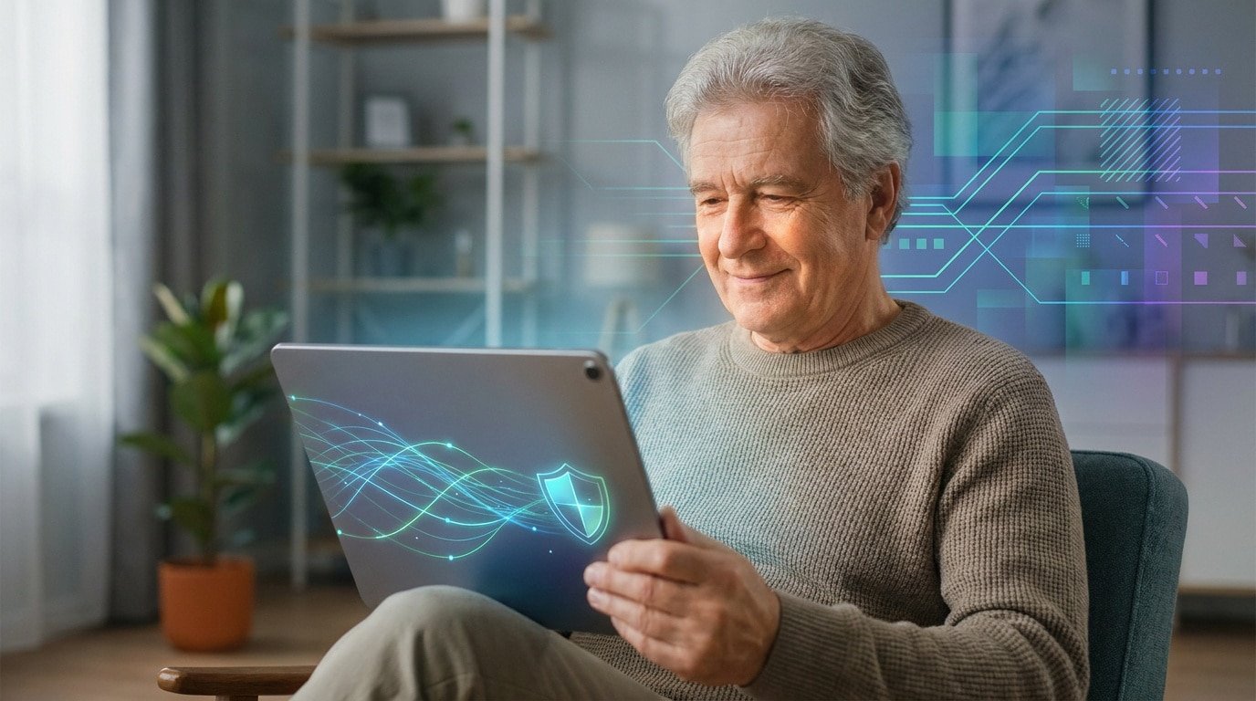 Un homme âgé utilise une tablette avec des icônes de sécurité numérique holographiques.