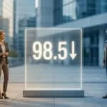 Un panneau numérique affiche 98,5 avec une flèche vers le bas, entre un couple en costume et un couple en tenue décontractée.