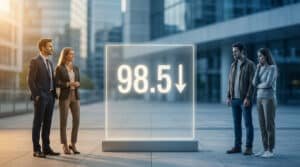 Un panneau numérique affiche 98,5 avec une flèche vers le bas, entre un couple en costume et un couple en tenue décontractée.