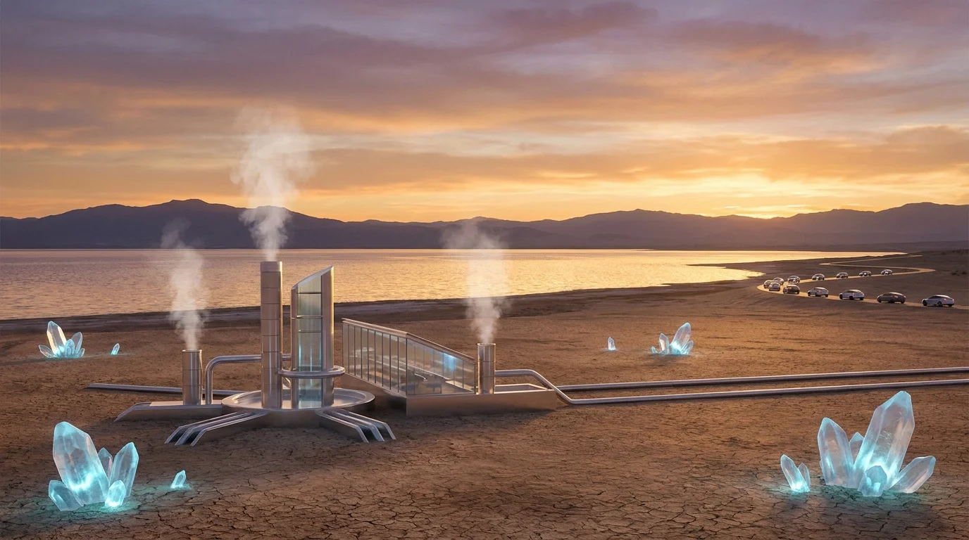 Usine de traitement de lithium moderne sur les rives de la Salton Sea au coucher du soleil avec des cristaux géants.