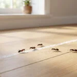 Une file de fourmis s'arrêtant devant une ligne de craie tracée sur un sol en parquet en bois clair.