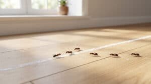 Une file de fourmis s'arrêtant devant une ligne de craie tracée sur un sol en parquet en bois clair.