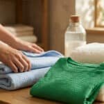 Mains pliant du linge en coton bio sur une table en bois avec des serviettes et une bouteille de lessive.